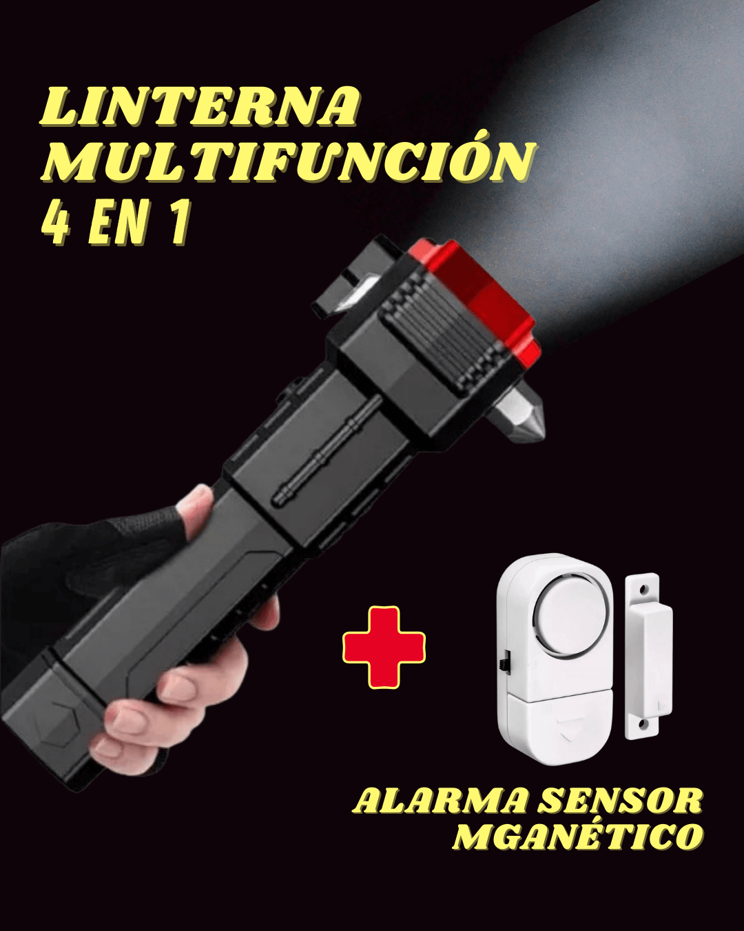 Martillo Linterna 4 en 1 + Alarma Sensor